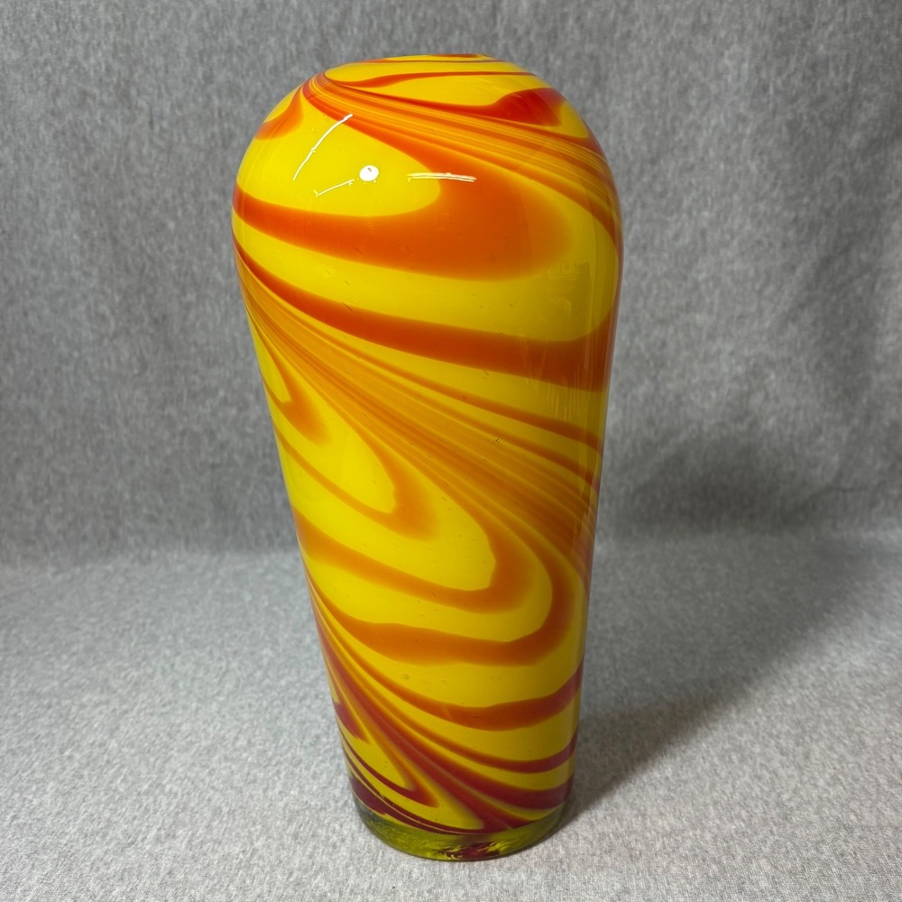 Art Glass Vase Yellow Orange Red Swirl Hand Blown MCM Boho Retro Centerpiece 12"